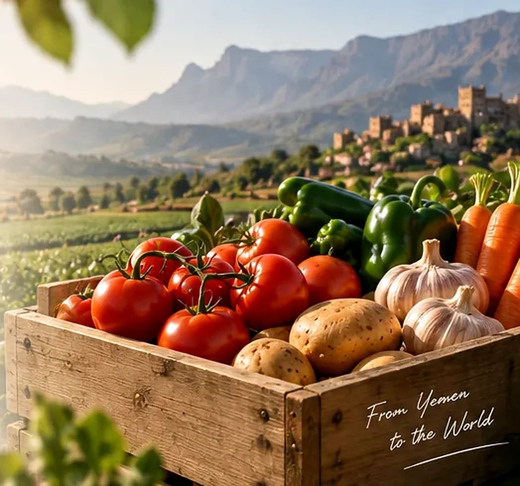 Fresh vegetables prepared in a wooden crate with agricultural landscape behind